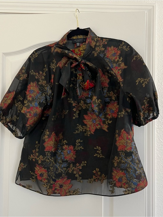 Ted Baker Tops - Ted Baker Black Sheer Floral Bow Blouse
